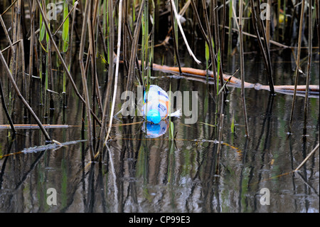 Vuoto e scartato Borraccia di plastica floating tra ance in un lago. Foto Stock