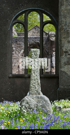 Croce di pietra tombale nella Santa Trinità sagrato, Buckfastleigh, Devon, Inghilterra Foto Stock