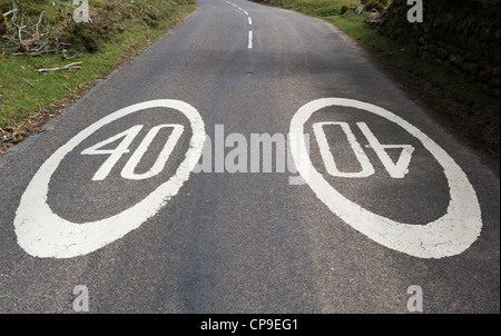 Dipinto di 40 mph cartelli stradali , Parco Nazionale di Dartmoor, Devon, Inghilterra Foto Stock