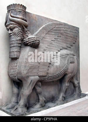 Alato con testa umana bull Neo palazzo Assiro di Sargon II 721-705 gate BC Khorsabad antica Dur Sharrukin Assiria Iraq Foto Stock