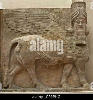 Alato con testa umana bull Neo palazzo Assiro di Sargon II 721-705 gate BC Khorsabad antica Dur Sharrukin Assiria Iraq Foto Stock