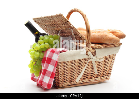 Cesto per pic-nic con il pane di frutta e vino. Foto Stock