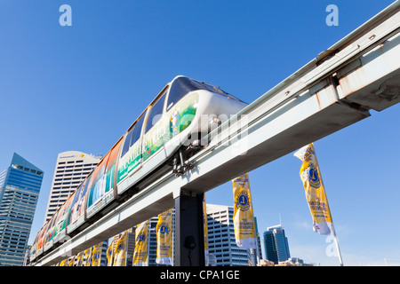 Un Metro treno monorotaia a Darling Harbour, Sydney, Australia con il CBD in background. Alcune sfocature sul treno. Foto Stock