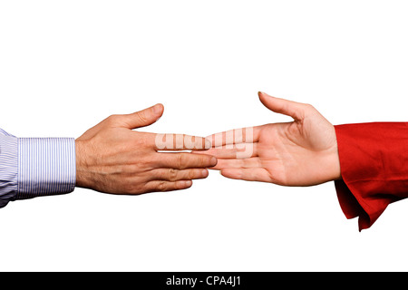 La donna e l uomo si stringono la mano isolato Foto Stock