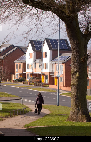 Nuovo alloggiamento con sistemi fotovoltaici sul tetto, Birmingham, Inghilterra, Regno Unito Foto Stock