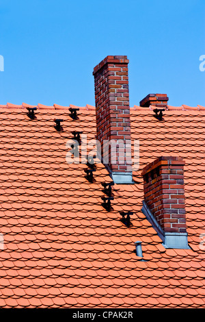 Rosso tetto di tegole e mattoni camino sul cielo blu Foto Stock