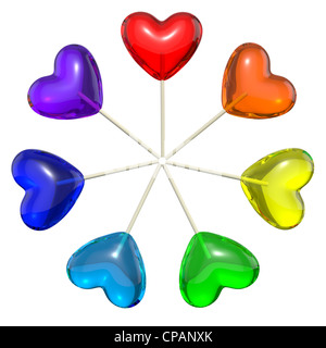 Sette a forma di cuore lecca lecca colorati come rainbow, isolati su sfondo bianco Foto Stock
