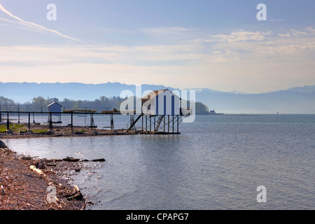 Il vecchio bagno case, il lago di Costanza, Wasserburg, Baviera, Germania Foto Stock