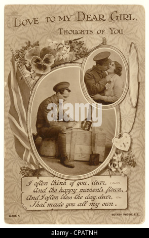 Cartolina inviata dal soldato alla sua fidanzata durante la prima guerra mondiale, romanticismo vintage wartime romantices romantic wegings card U.K. Foto Stock