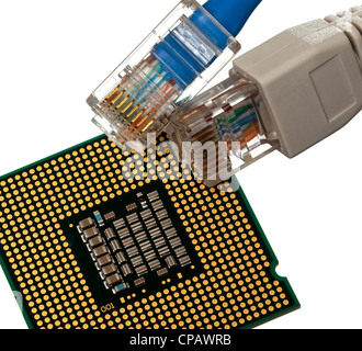 Macro shot di tappi su cavi CAT5e di molti colori isolati contro uno sfondo bianco sulla parte superiore esposta di chip della CPU Foto Stock