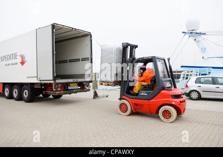 Le cozze sono caricati su un carrello, pesca dei mitili sull'isola di Sylt, Hoernum, Schleswig-Holstein, Germania, Europa Foto Stock