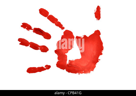 Mano rossa imprint su sfondo bianco Foto Stock