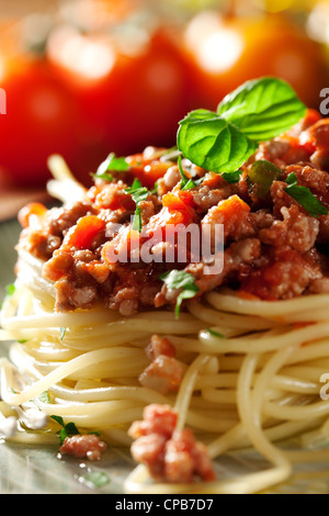 Primo piano di un fresco italiano spaghetti alla bolognese Foto Stock