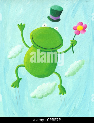 Illustrazione in acrilico di funny frog jumping fino Foto Stock