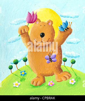 Illustrazione in acrilico di graziosi bear Dancing in the park Foto Stock