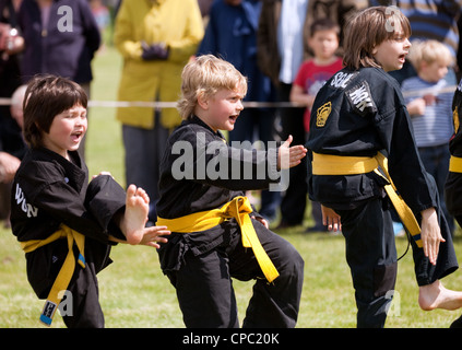 I bambini di fornire una demo del coreano Arte Marziale Kuk Sool ha vinto, Newmarket Sport festival, Suffolk REGNO UNITO Foto Stock