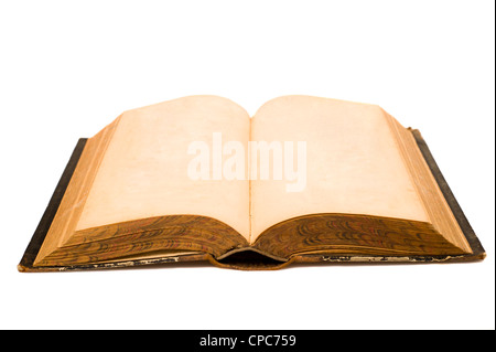 Un vecchio libro aperto con pagine vuote Foto Stock