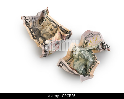 Crumpled cinquanta dollari isolato, tracciato di ritaglio Foto Stock