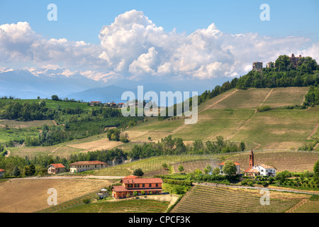 Verdi colline e i vigneti e le montagne sullo sfondo a molla in Piemonte, Italia settentrionale. Foto Stock