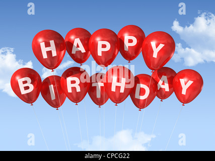 3D rosso Buon Compleanno palloncini nel cielo Foto Stock