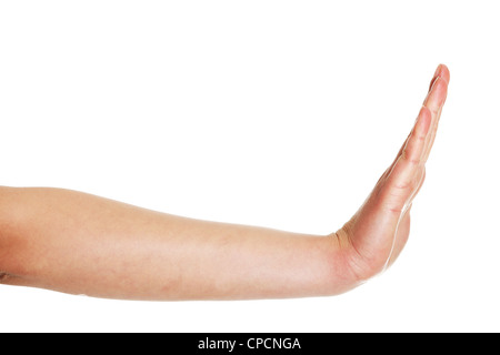 Womans mano che mostra il gesto di arresto, isolato su sfondo bianco Foto Stock