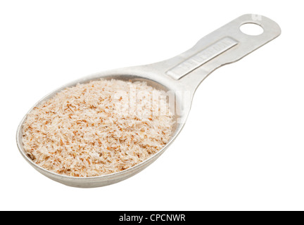 Psillio gusci di semi - supplemento dietetico, fonte di fibra solubile, su una n vecchia misurazione in alluminio cucchiaio Foto Stock