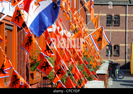 Case decorate con Dutch National football team bandiere durante la Coppa del mondo, Paesi Bassi Foto Stock