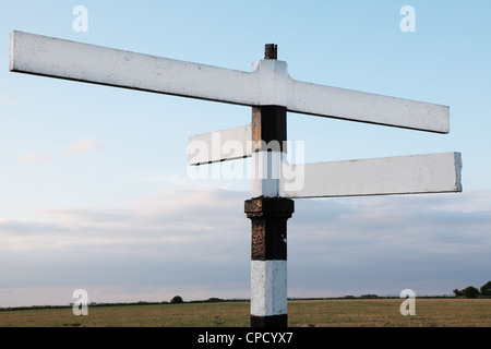 Un di legno (vuoto) in bianco e nero cartello stradale rivolta in quattro direzioni Foto Stock