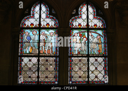 Vetrata raffigurante Sainte Geneviève la vita, il chiostro della cattedrale di Notre Dame de Paris cathedral, Parigi, Francia, Europa Foto Stock