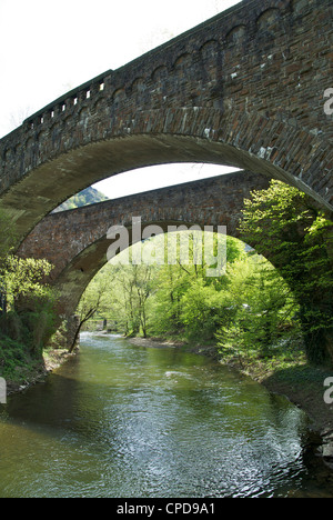Il vecchio treno ponti attraverso il fiume Ahr vicino a Altenahr in Germania. Foto Stock