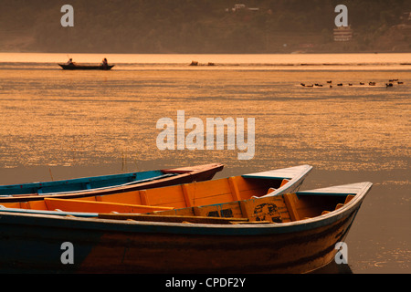 Barche di pescatori locali sul lago Phewa al tramonto, Gandak, Nepal, Asia Foto Stock