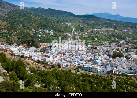 Vista della città, Chefchaouen (Chaouen), Regione Tangeri-Tetouan, Rif Mountains, Marocco, Africa Settentrionale, Africa Foto Stock