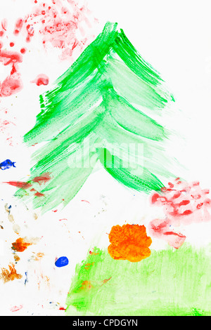 Dinamica del bambino di disegno di un albero di Natale verde con tratti di pennello Foto Stock