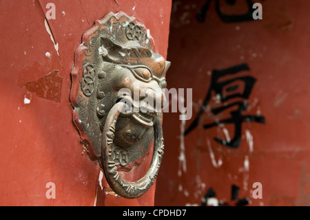 Lion maniglie sagomate sul gate di un hutong di Pechino, Cina Foto Stock