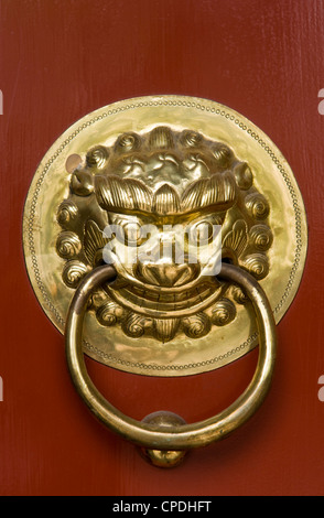 Lion maniglie sagomate sul gate di un hutong di Pechino, Cina Foto Stock