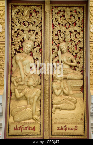 Sportello decorativo, Wat Hai Sok, Vientiane, Laos, Indocina, Asia sud-orientale, Asia Foto Stock