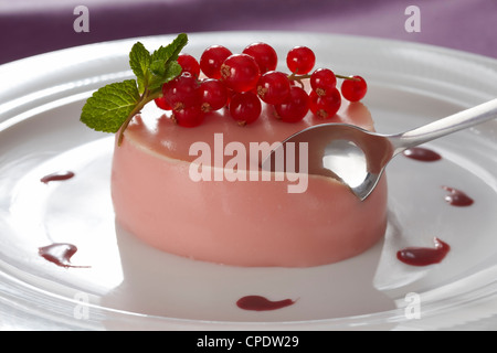 Cremoso Vaniglia pannacotta con ribes rosso aromatizzato, decorato con un pinacle ribes e foglie di menta su una tabella di colore viola panno. Foto Stock