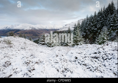 Tramonto in inverno, cinque suore di Kintail, Glen Sheil, Highlands, Scotland, Regno Unito Foto Stock