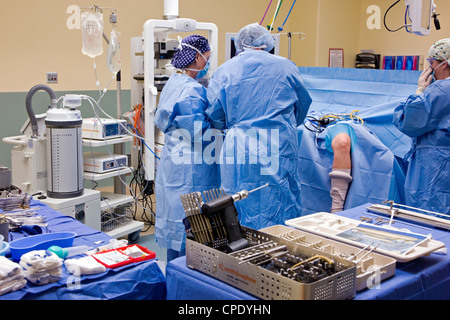 Chirurgo ortopedico preparazione paziente per artroscopica chirurgia del ginocchio in un ospedale in sala operatoria suite Foto Stock