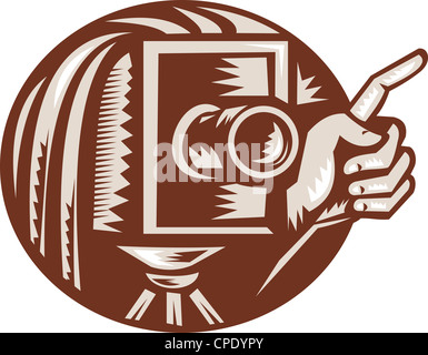 Illustrazione di un vintage fotocamera a soffietto con puntamento a mano fatto rétro xilografia impostato lo stile all'interno del cerchio. Foto Stock