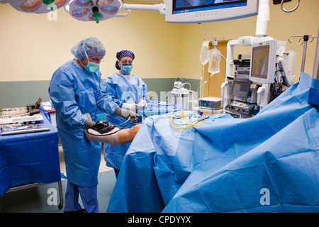 Chirurgo ortopedico preparazione paziente per artroscopica chirurgia del ginocchio in un ospedale in sala operatoria suite Foto Stock