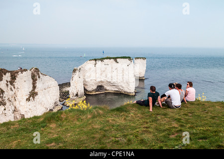 Gruppo di persone sedute vicino al Old Harry Rocks Studland Swanage Dorset Foto Stock