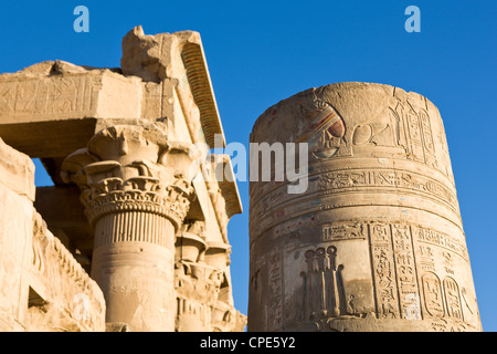 Pilastro dipinto e il pronao presso il Tempio di Sobek e Haroeris, Kom Ombo, Egitto, Africa Settentrionale, Africa Foto Stock