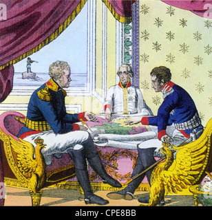 Il Congresso di Vienna (1814-1815) Napoleone guardando il Tsar, l'imperatore d'Austria e Re di Prussia diividing fino in Europa Foto Stock