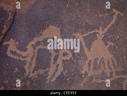 Thamudic le iscrizioni dei cacciatori su cammelli sulla roccia nel Wadi Rum, Giordania Foto Stock