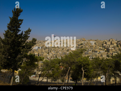 Vista dalla cittadella sulla città di Amman, mostrando Raghadan pennone, Giordania Foto Stock
