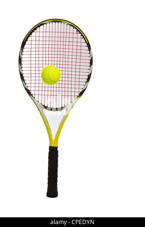 Nuova palla da tennis e delle racchette su sfondo bianco Foto Stock