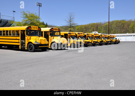 Fila di scuola-bus parcheggiata da un macadam area di parcheggio Foto Stock