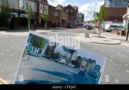 Nuova moderazione del traffico regime da Sustrans ed Haringey consiglio in Turnpike Lane area di Londra Nord - inserto mostra prima di giunzione Foto Stock