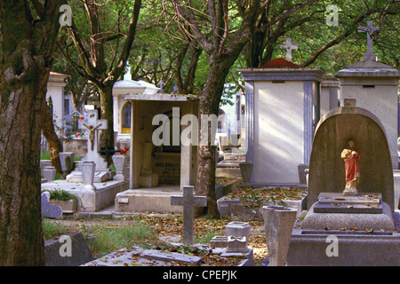 Cimitero con alberi a sbalzo e caduta foglie fra le tombe e i marcatori di grave. Foto Stock